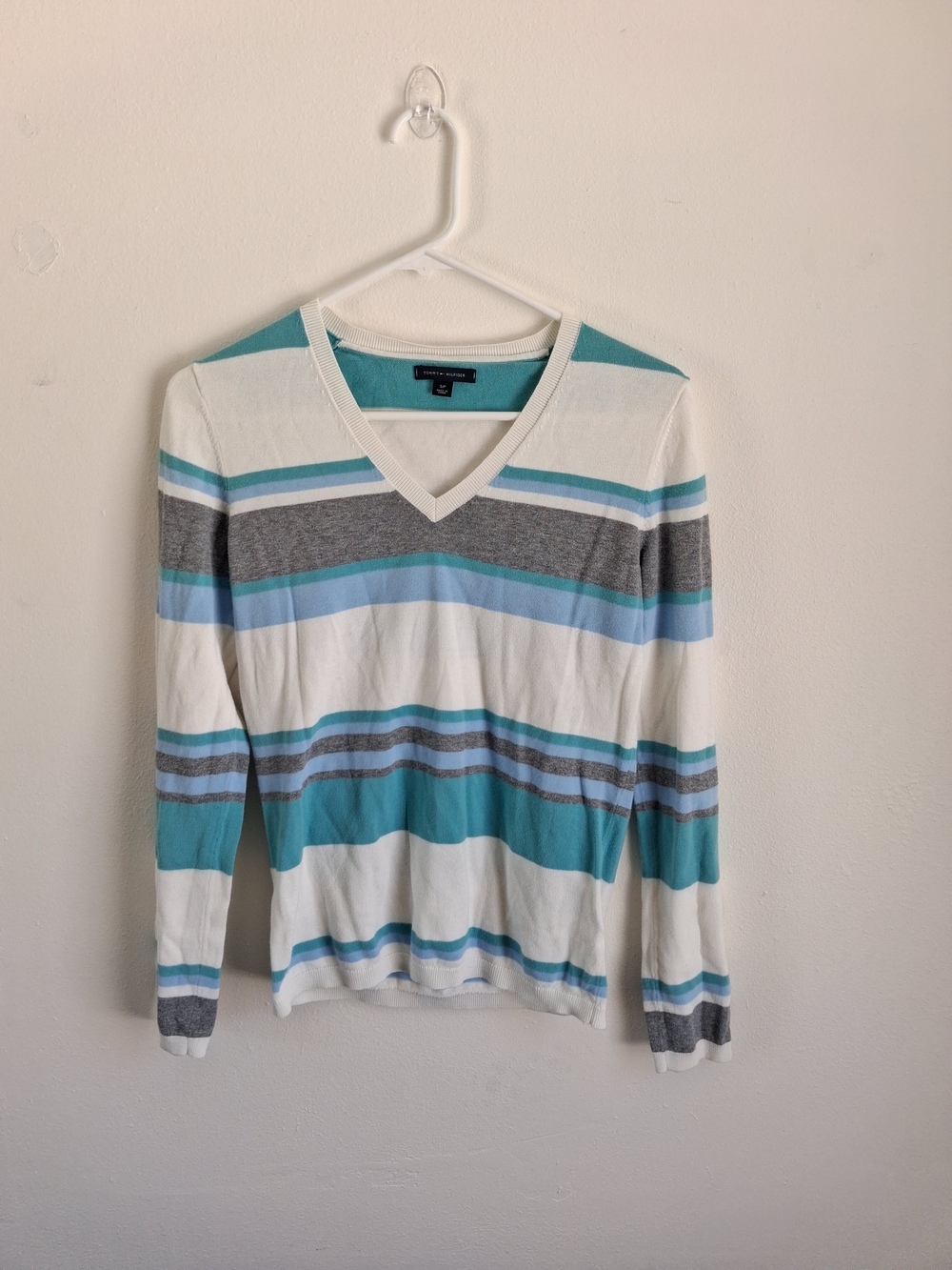 Tommy Hilfiger V-Neck Sweater S Striped Preppy Cotton Blend